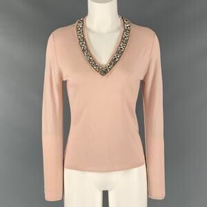 ROBERTO CAVALLI Size M Pink Cashmere Silk Rhinestones V-Neck Pullover
